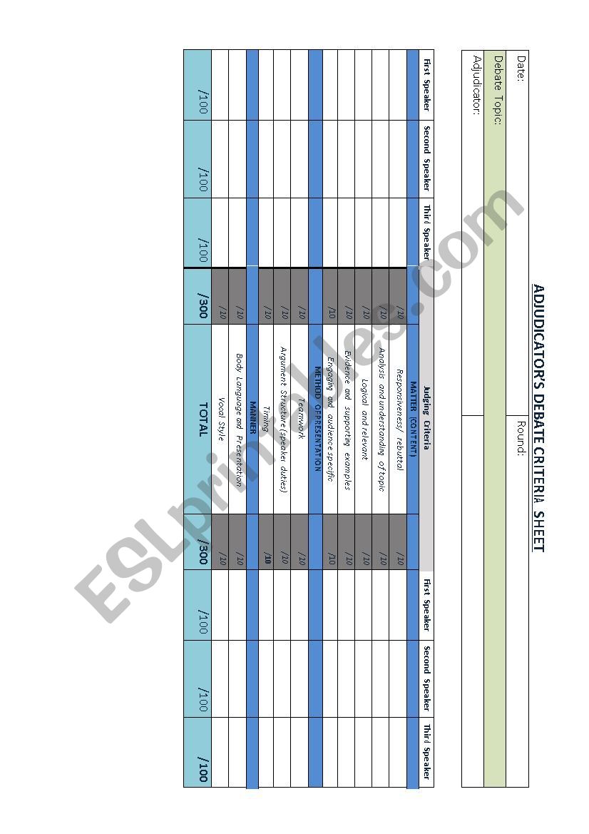 ADJUDICATORS DEBATE    CRITERIA    SHEET