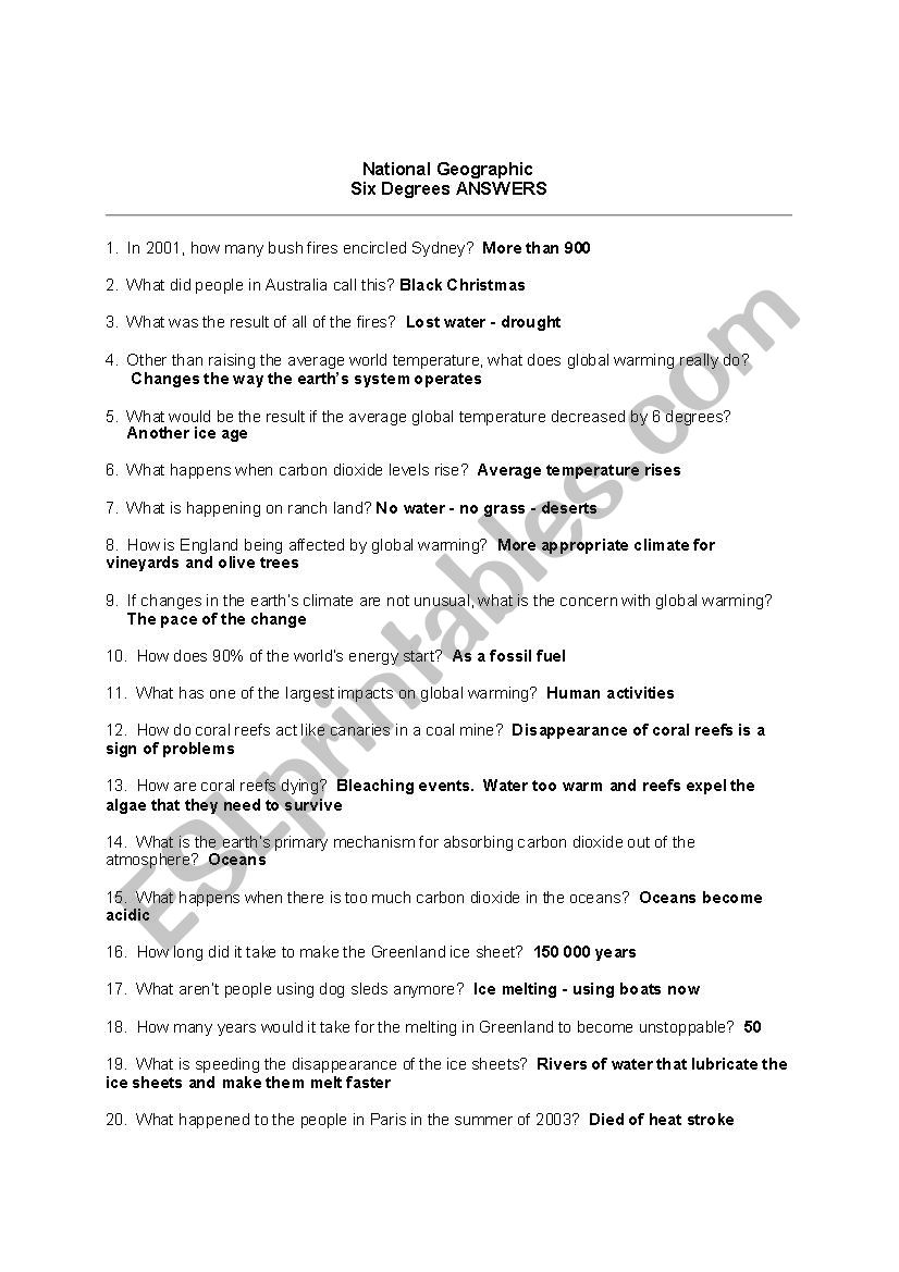 Six Degrees worksheet