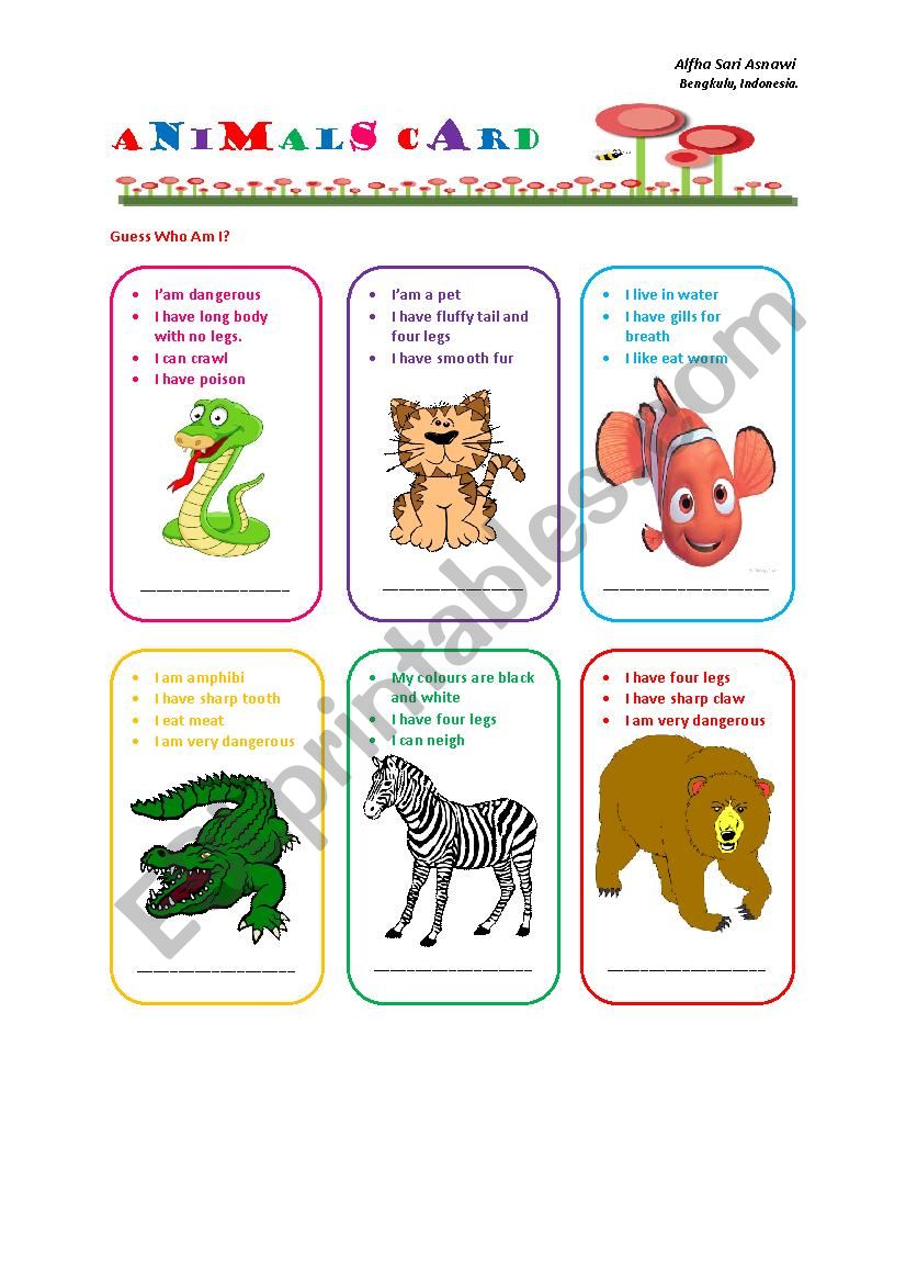 Animals Card worksheet