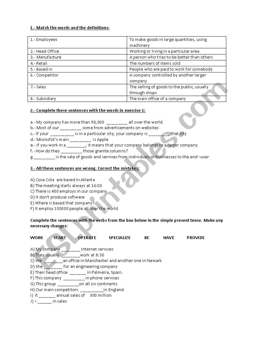 Business definitions worksheet