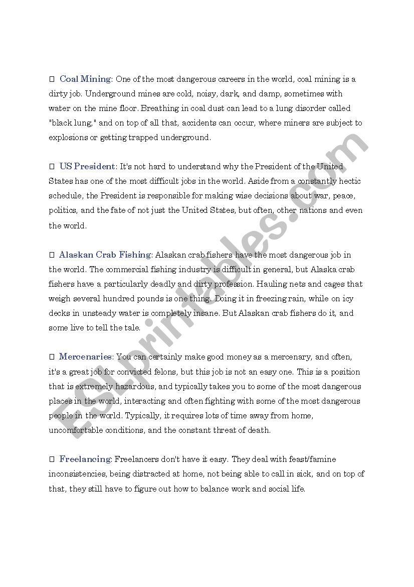 Dangerous jobs worksheet