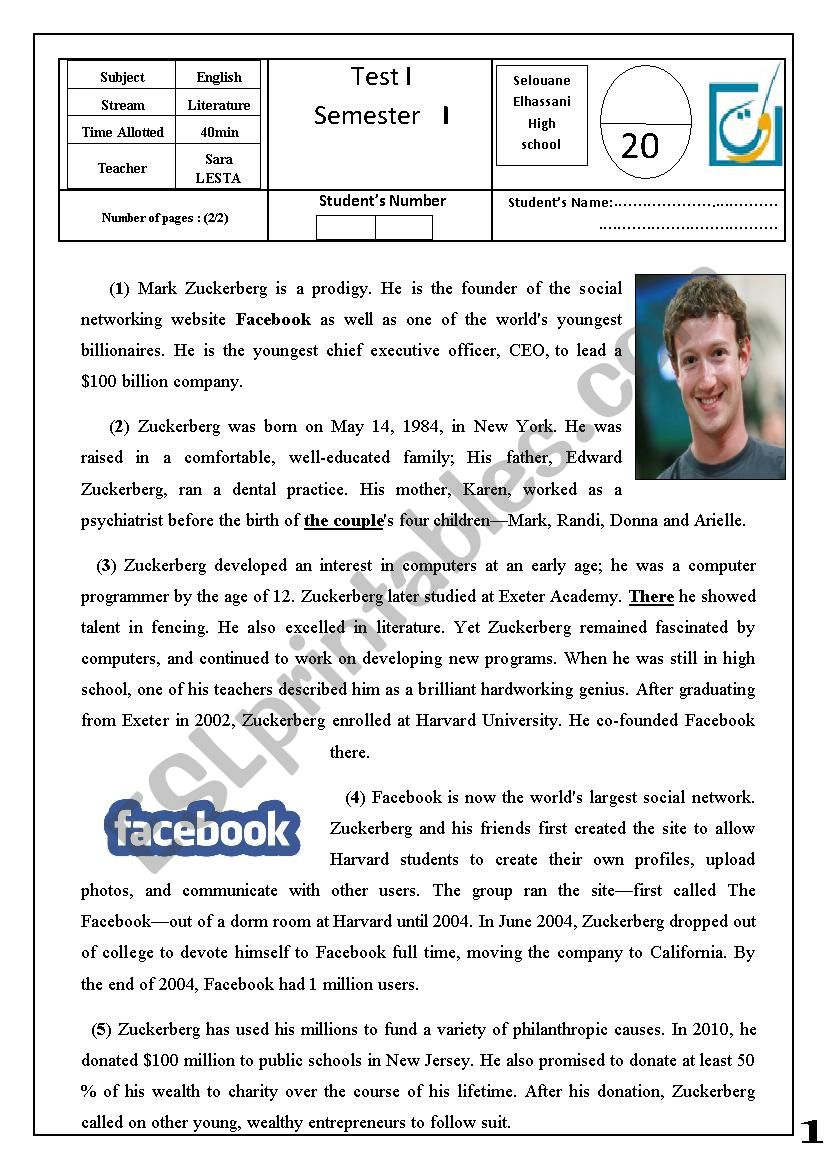 second bac test- Mark Zuckerburg-Facebook- Reading
