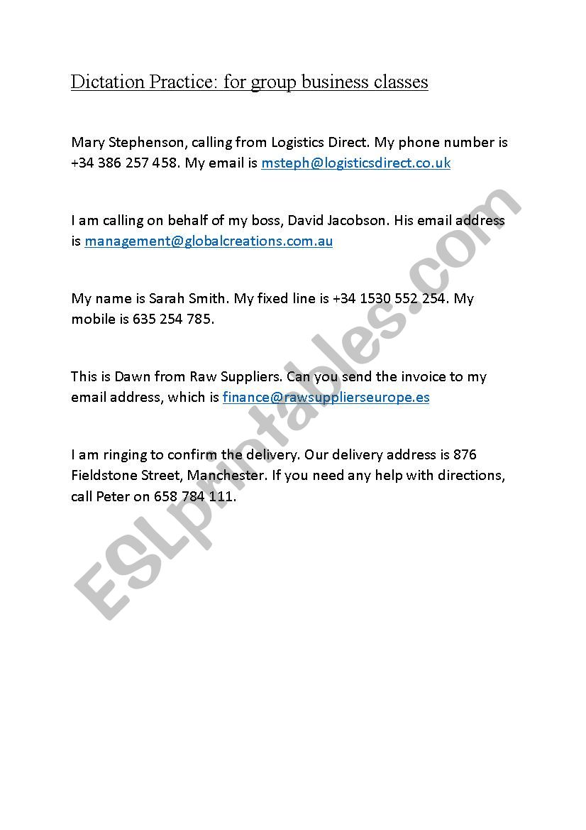 Business Dictation Practice worksheet