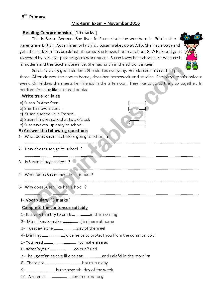 mid -term exam 54th grade worksheet