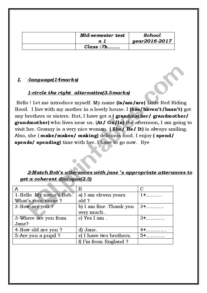 7th form mid semester test worksheet