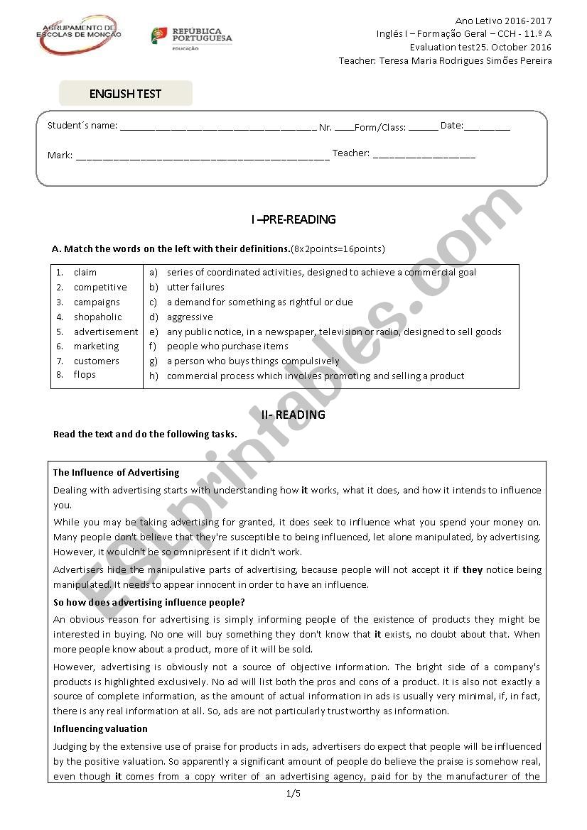 11th form test - Consumerism worksheet