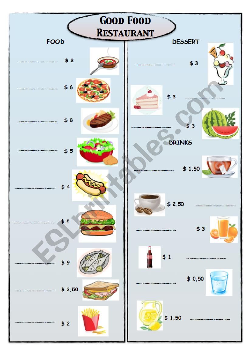 Good Food Restaurant 1 MENU worksheet