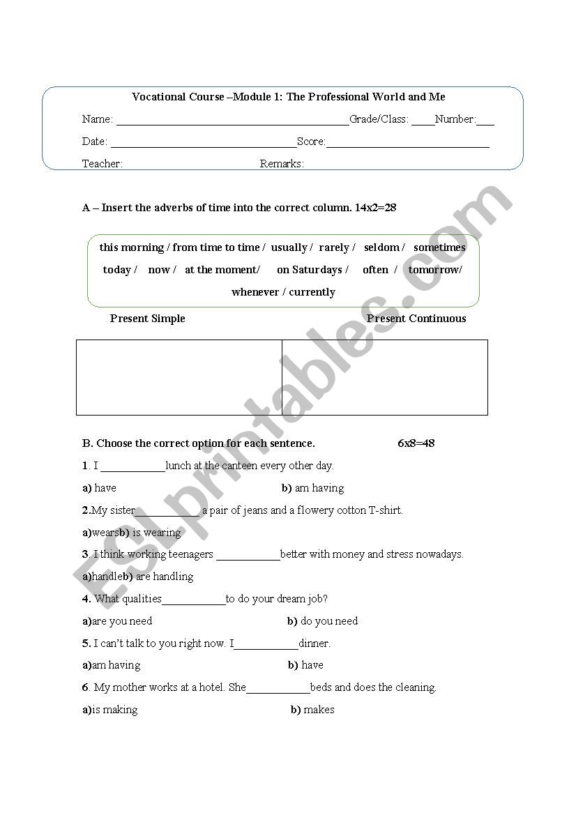 Worksheet on Present Simple v. Present Continuous