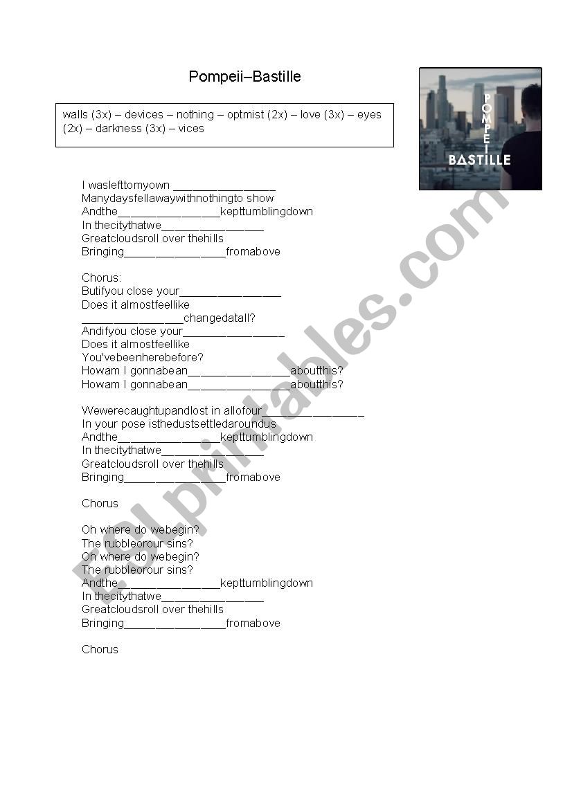 Pompeii - Bastille worksheet