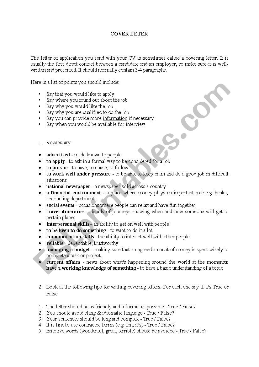 Cover Letter worksheet