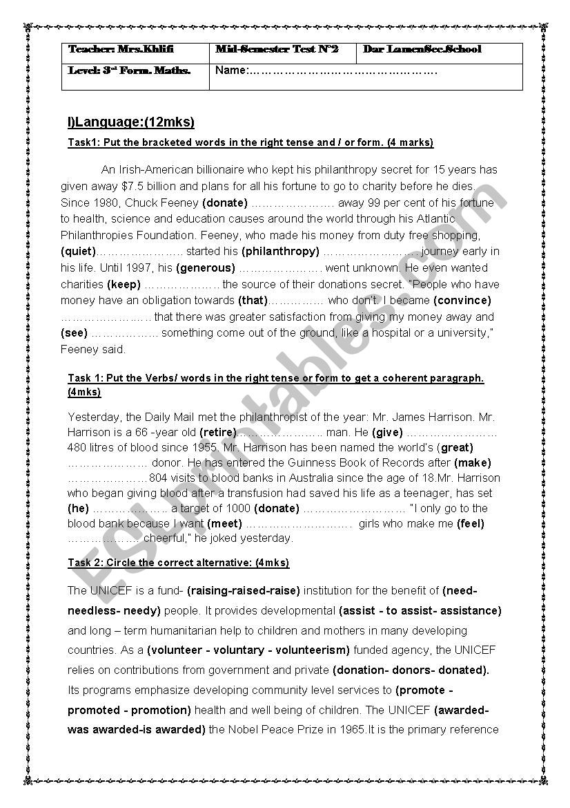 MID SEMESTER testN2 3RD FORM worksheet