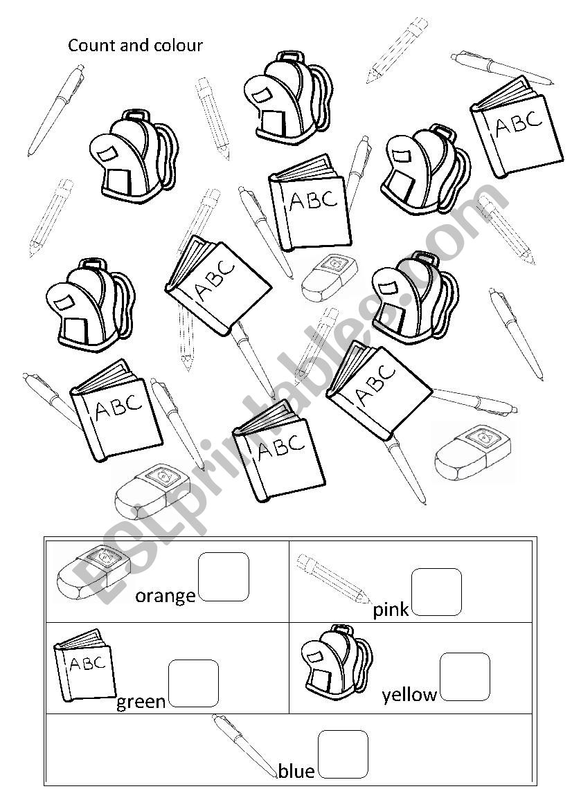 Count and Colour school things, numbers 1-10 and colours