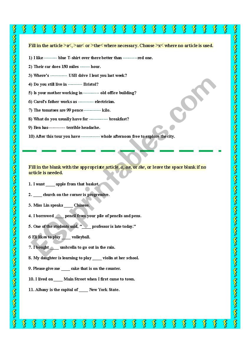 articles worksheet