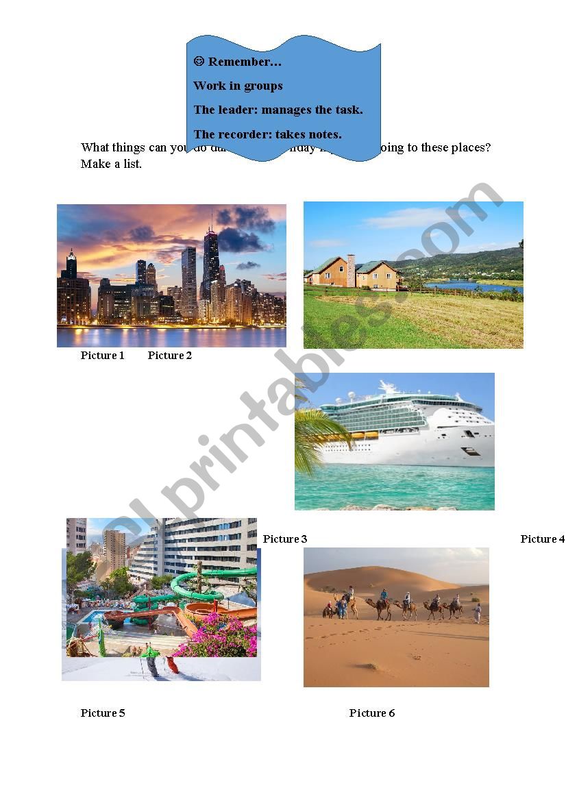 Holiday destinations worksheet