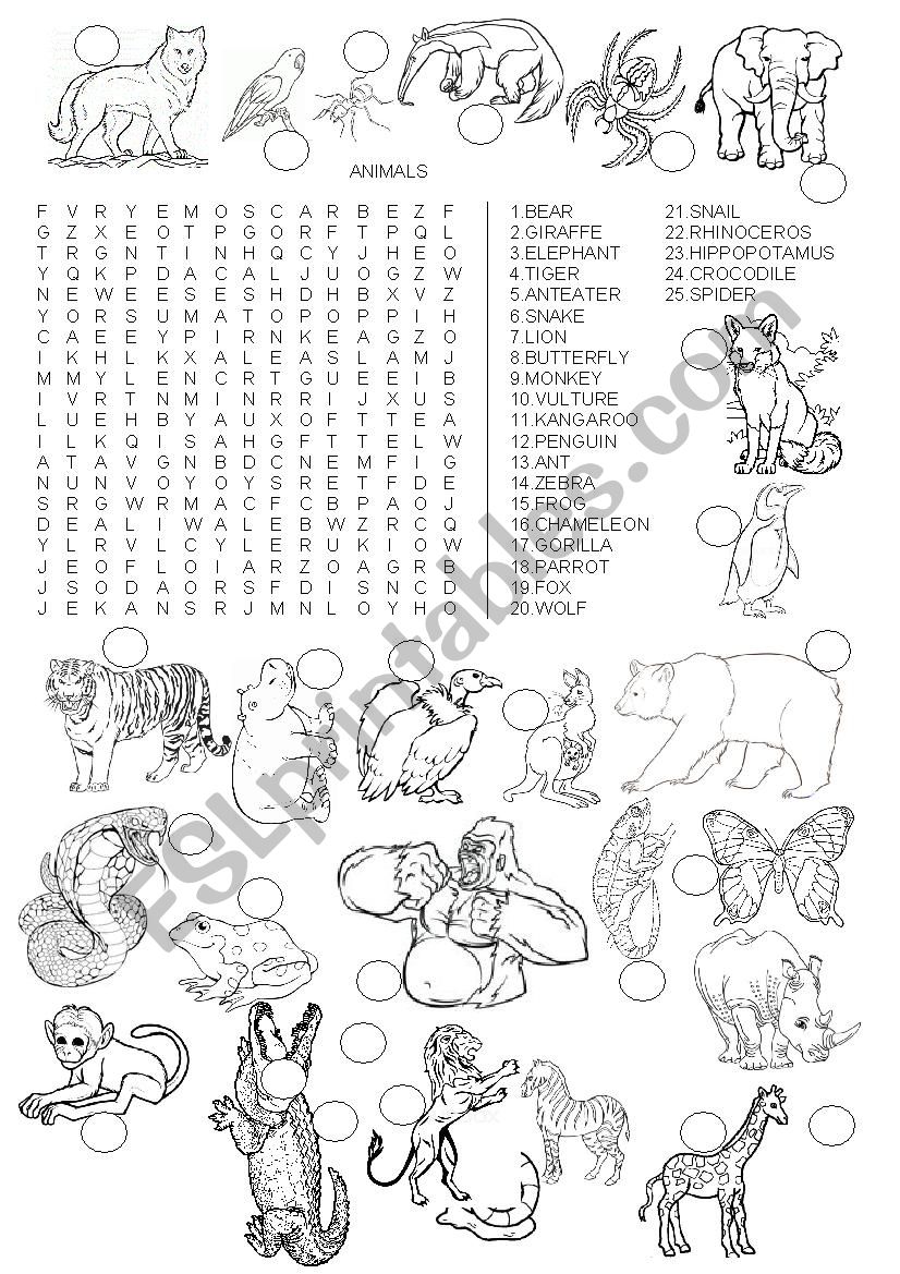 WORDSEARCH - ANIMALS worksheet