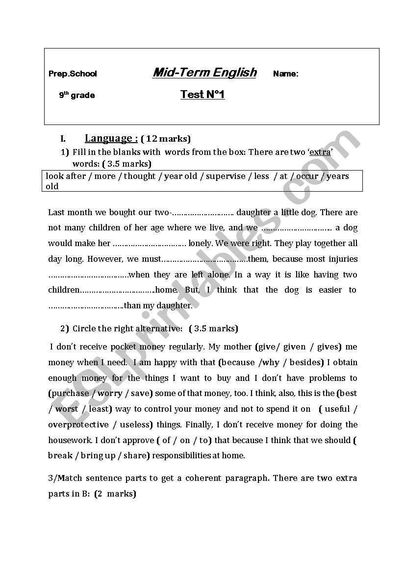 9th grade language worksheet