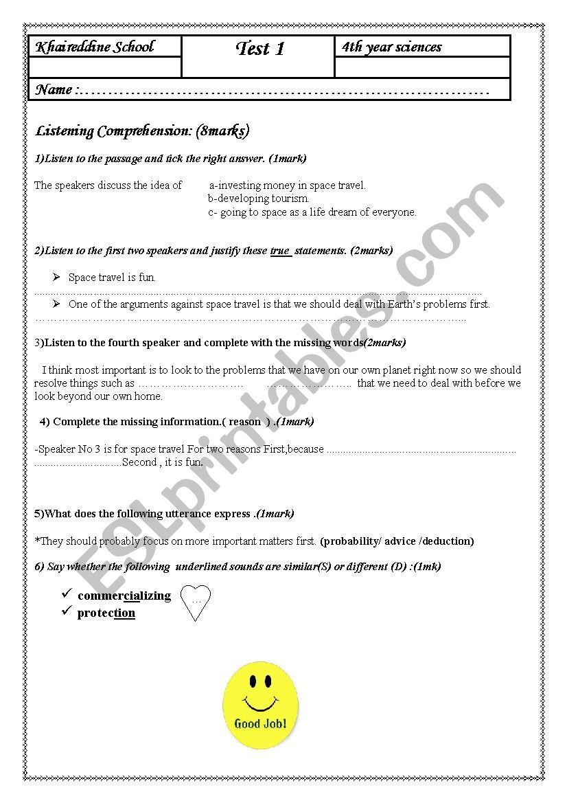 Listening test worksheet