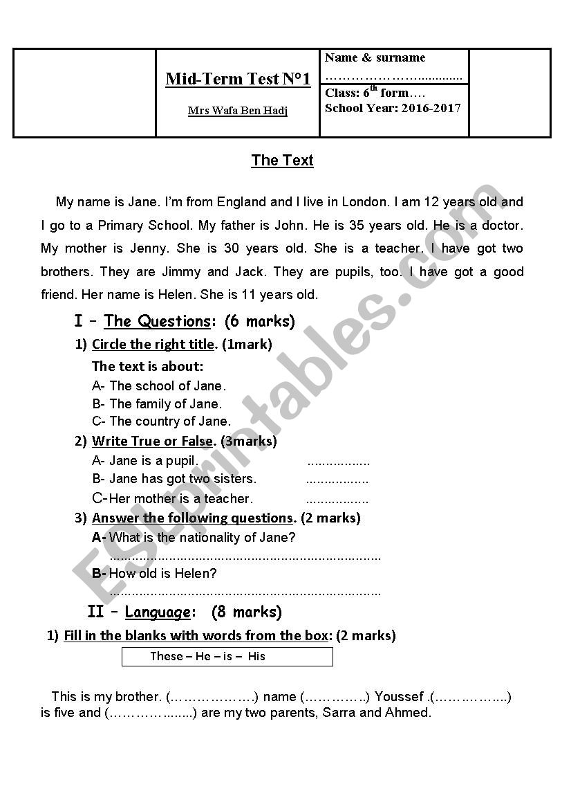 Mid Term Test n 1 - 6th form  worksheet