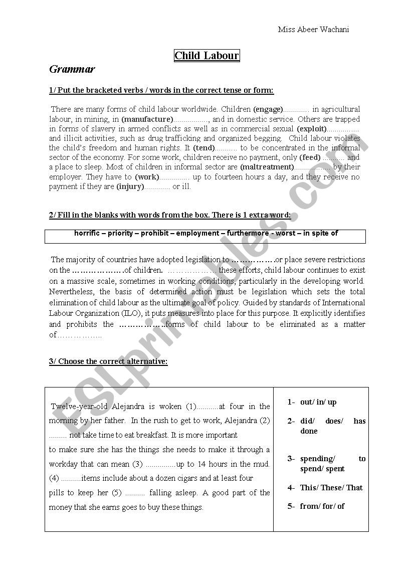 child labour worksheet