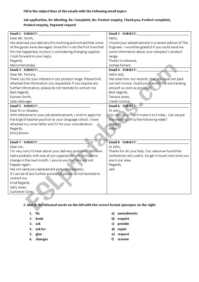 Formal and informal emails  worksheet