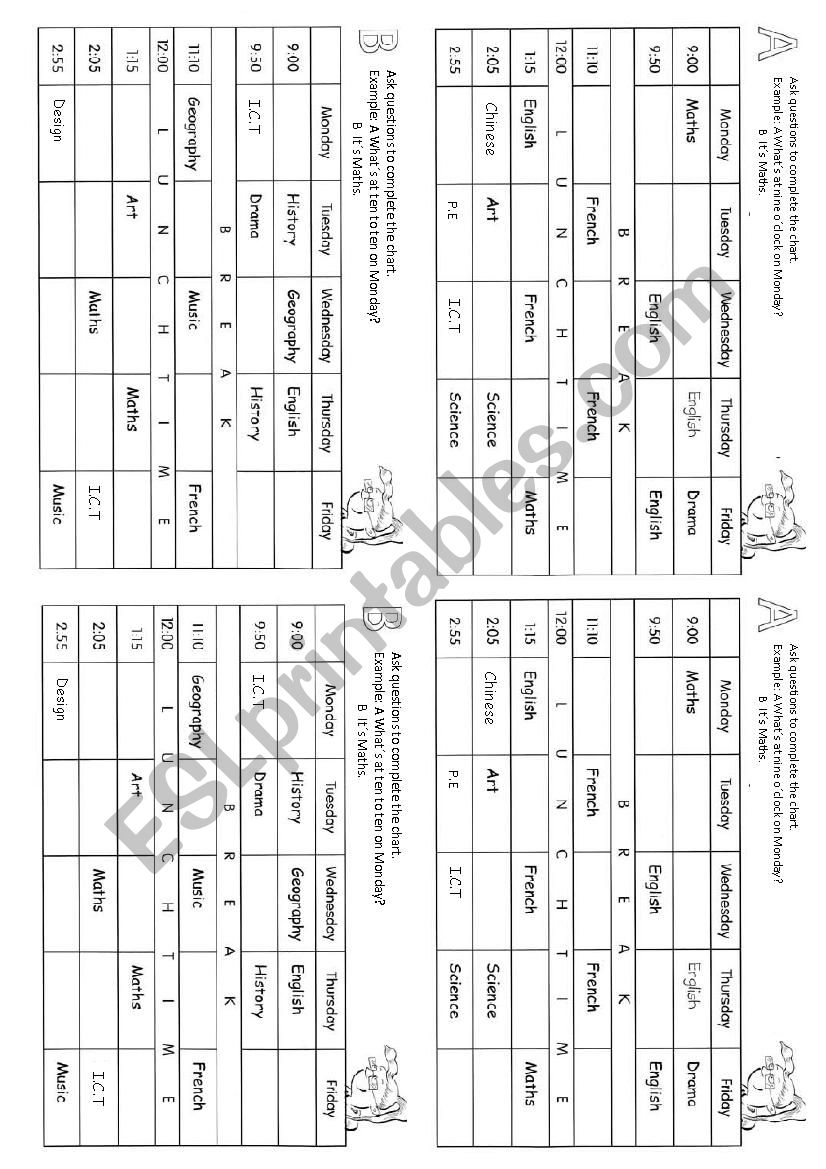 Timetable subjects worksheet
