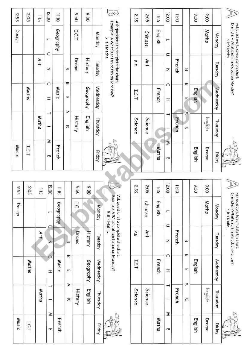 Timetable subjects worksheet
