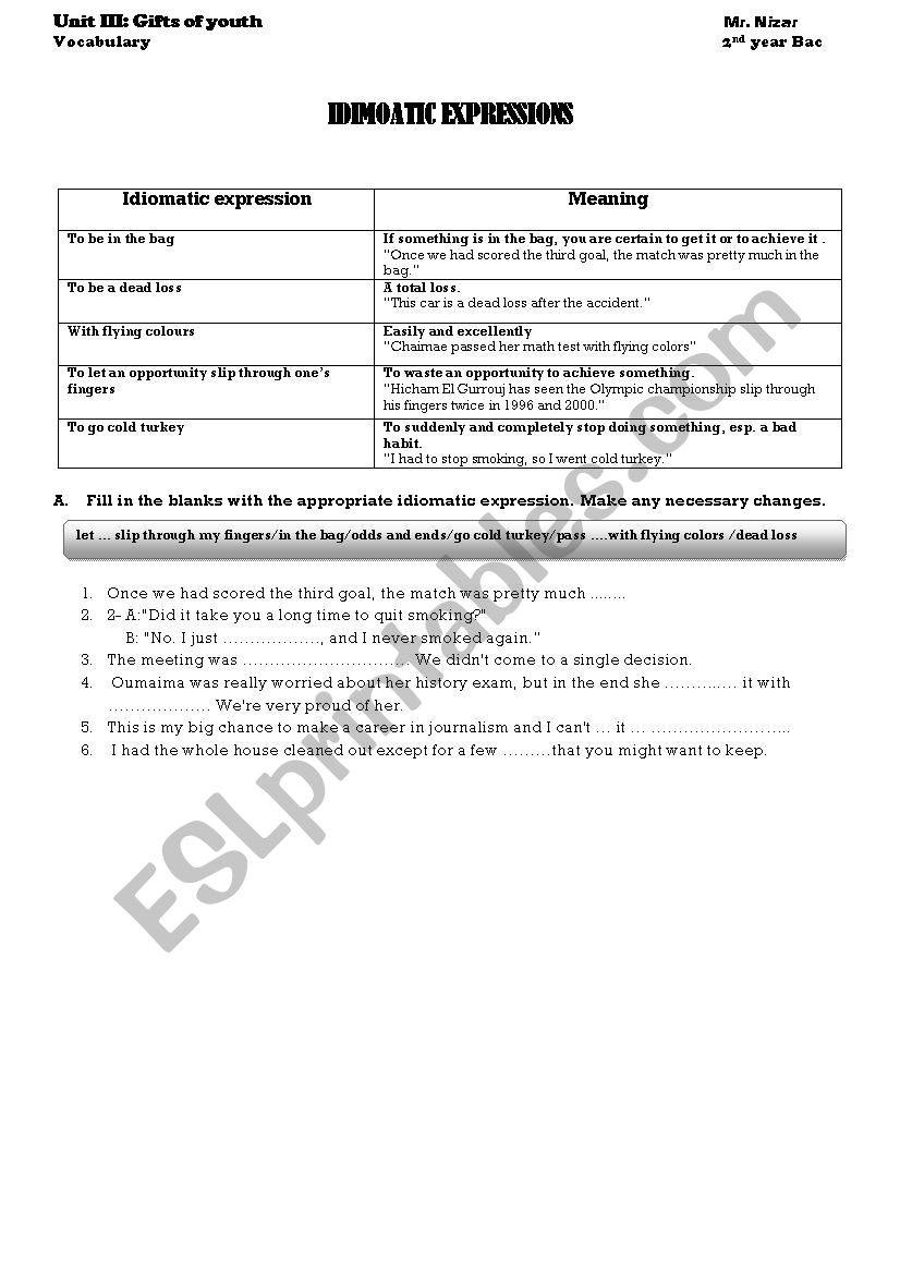 idiomatic expressions worksheet