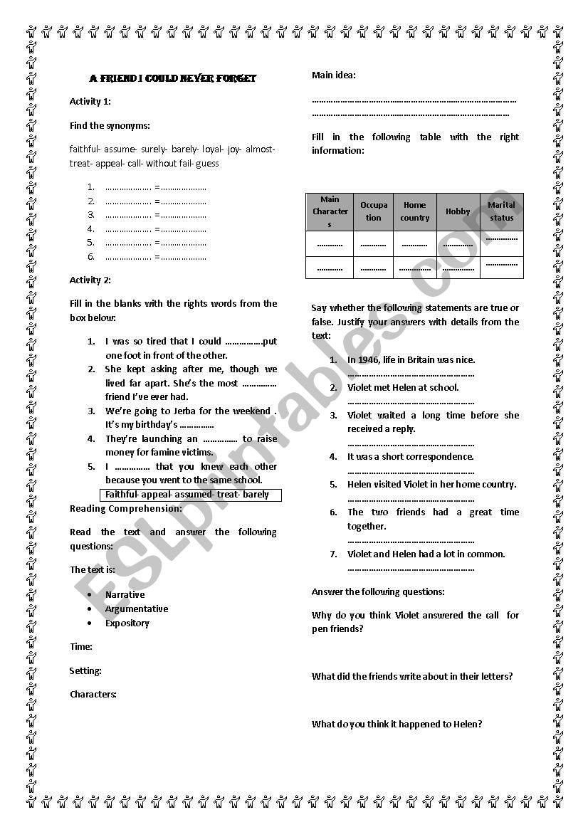 A Friend I Could Never Forget worksheet