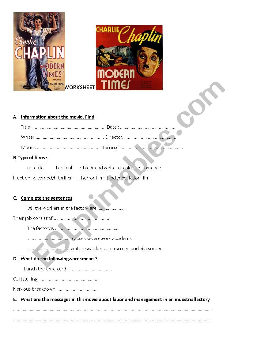 Worksheet Modern times worksheet