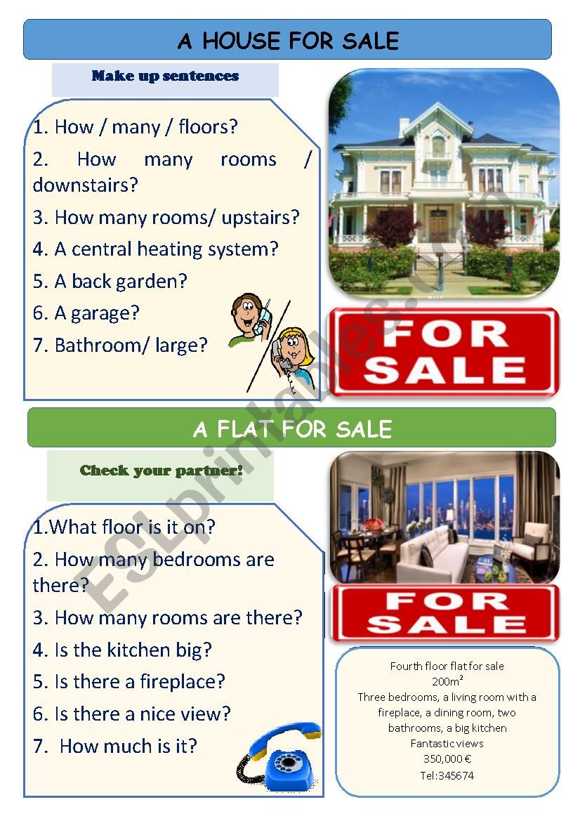 Asking and giving information about a house/flat for sale (There is / there are) 2 Pages