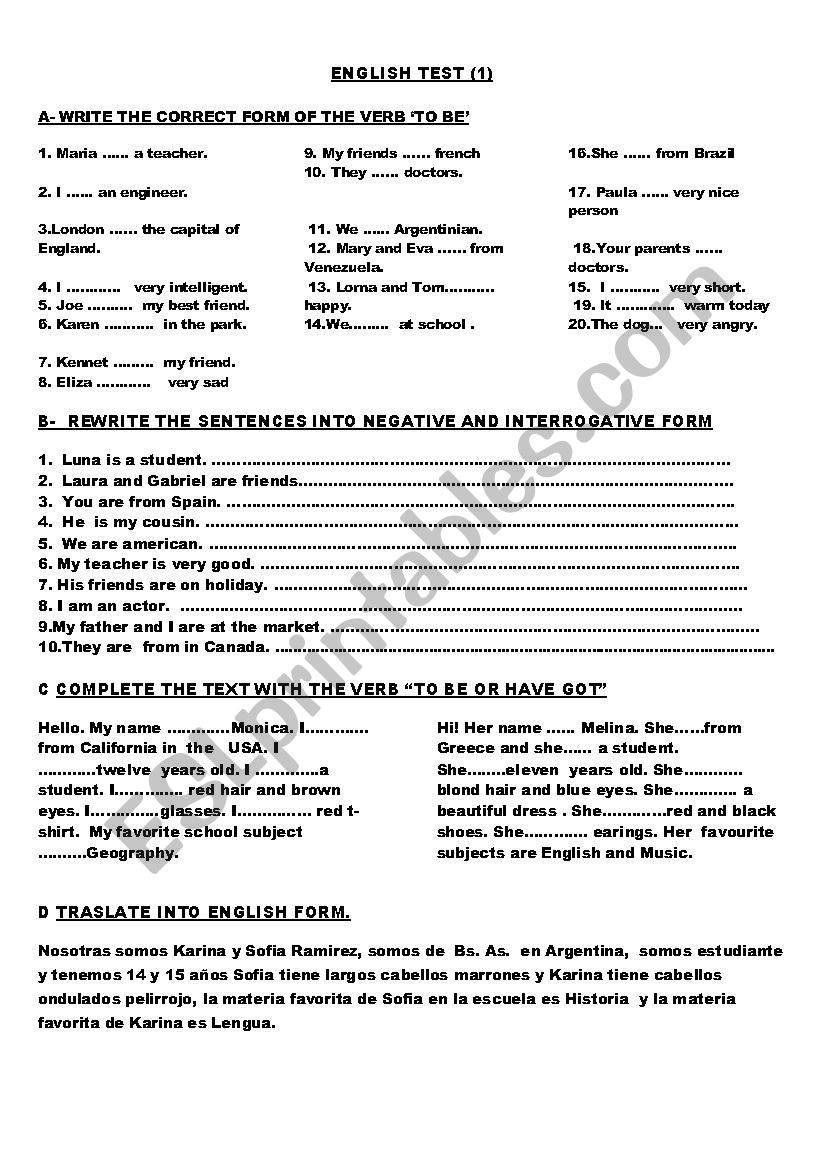 English Test 1 worksheet