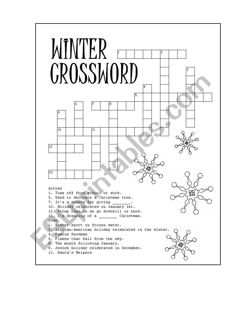 Winter crossword worksheet