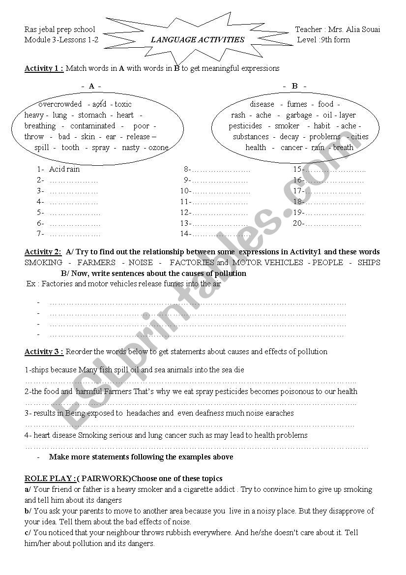 LANGUAGE ACTIVITIES: AIR AND LAND POLLUTION