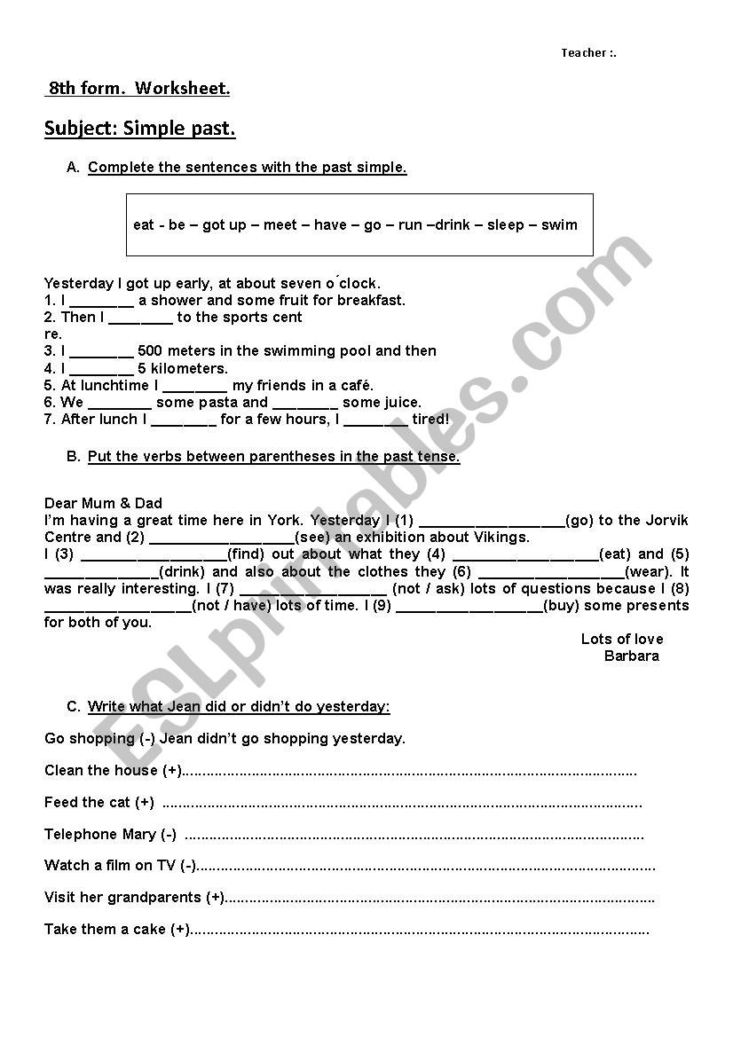  Simple past. 8th form worksheet.