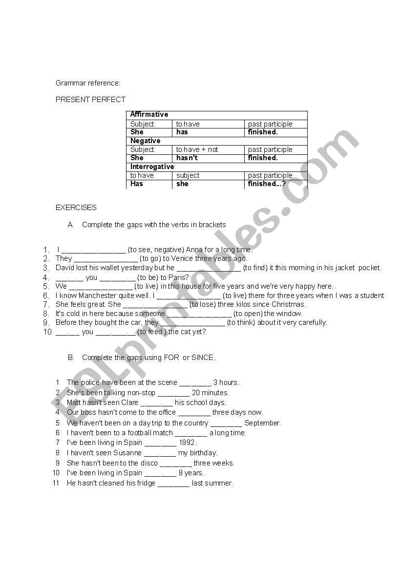 Present perfect worksheet