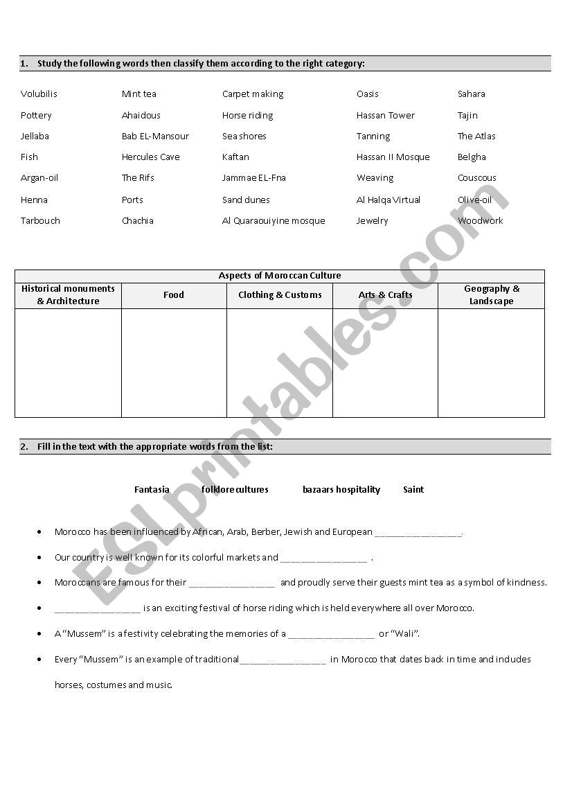 Moroccan Cultural Heritage worksheet