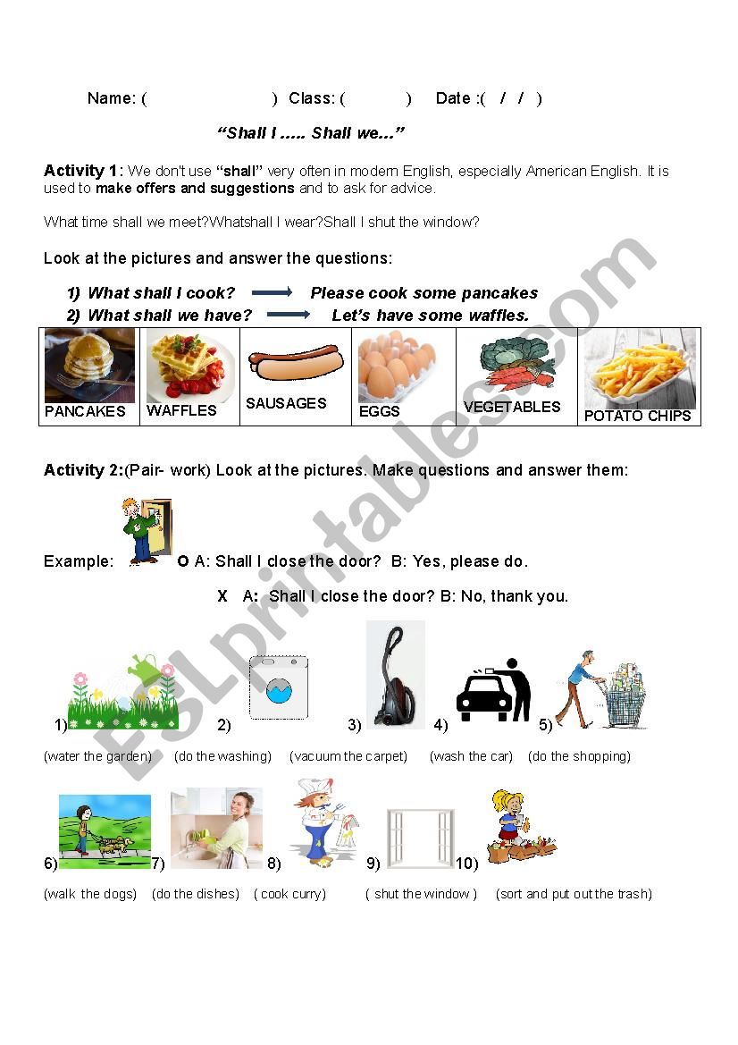 Shall I ..?Shall we...? worksheet