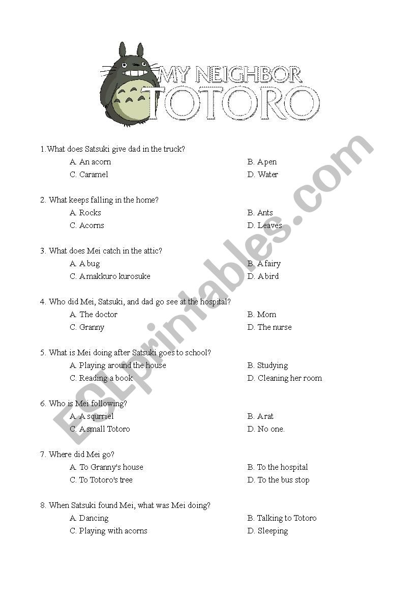 My Neighbor Totoro Movie Worksheet