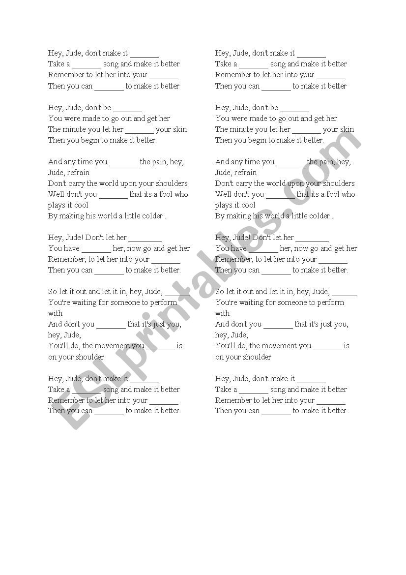 hey Jude- the Beatles worksheet