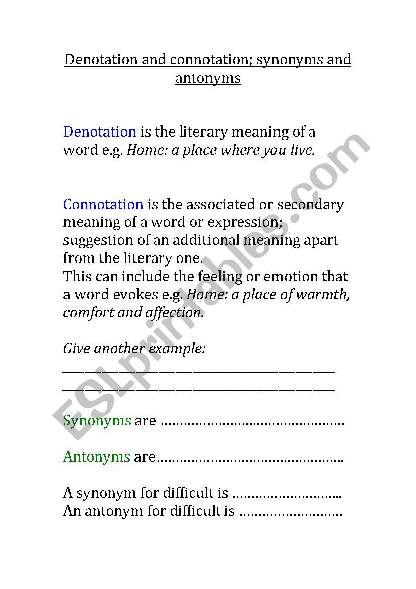 Denotation and connotation - ESL worksheet by Offpistemummy With Regard To Denotation And Connotation Worksheet