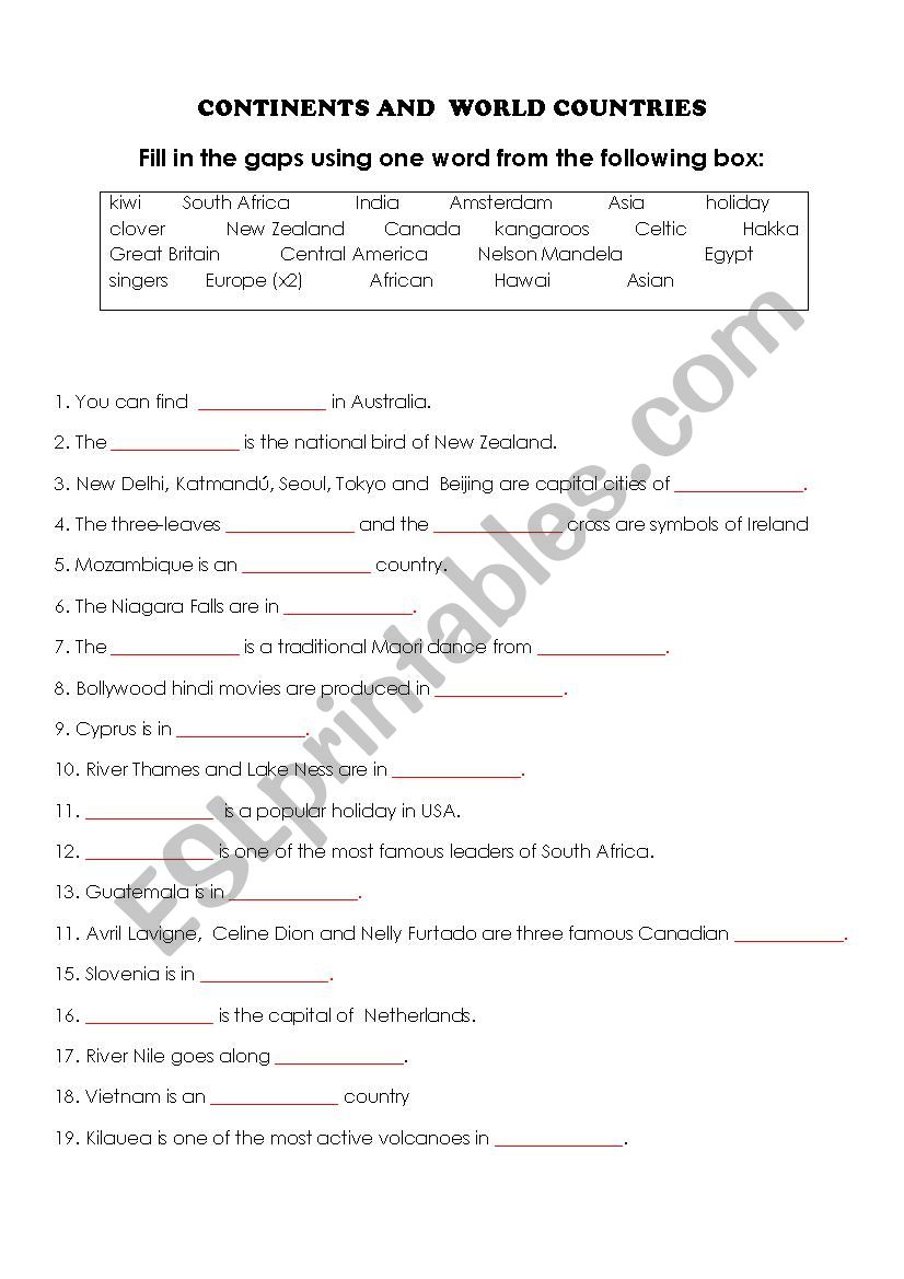 Countries and continents worksheet