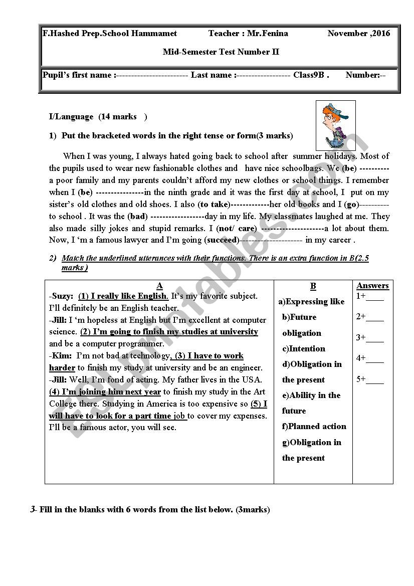 Mid-semester test Number2 worksheet