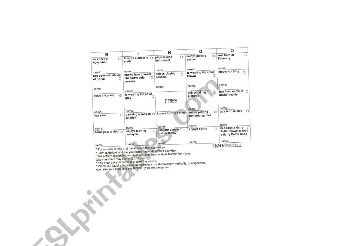 Bingo ice breaker worksheet