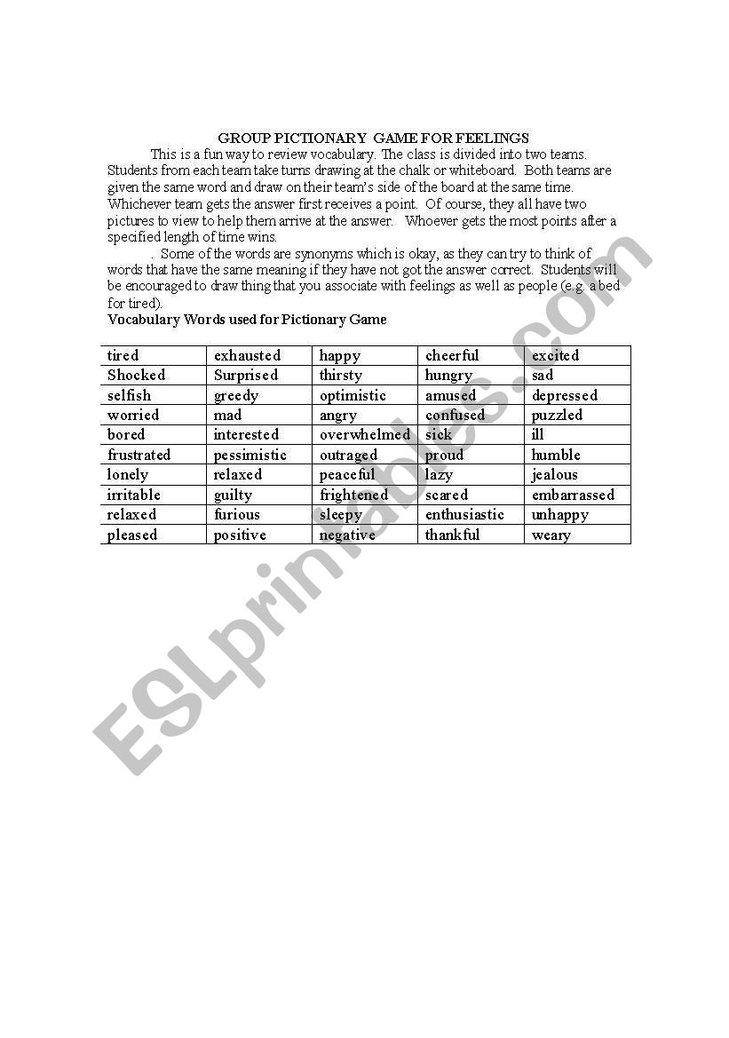 GROUP PICTIONARY FOR  VOCABULARY ON FEELINGS