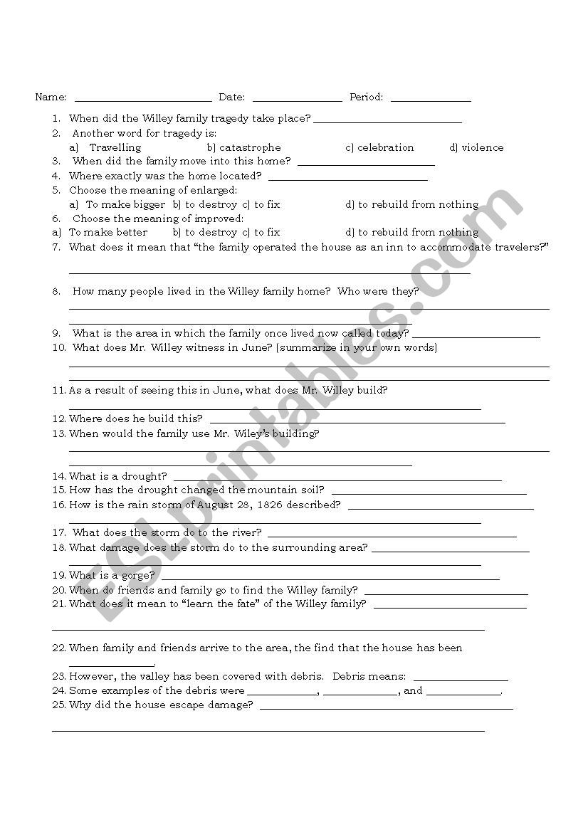 Willey Family Tragedy worksheet