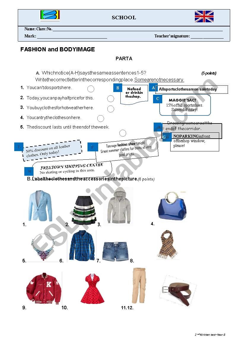 FASHION AND BODY IMAGE - TEST worksheet