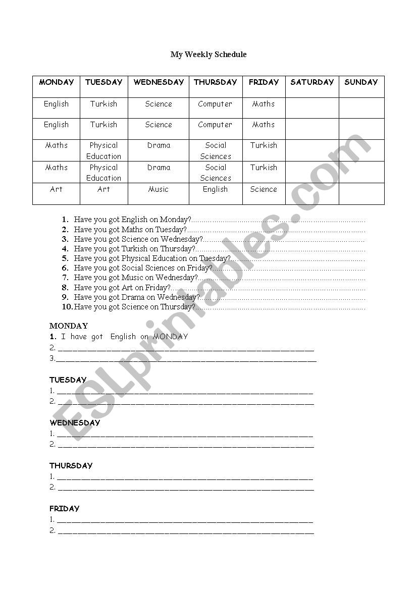My Weekly Schedule worksheet