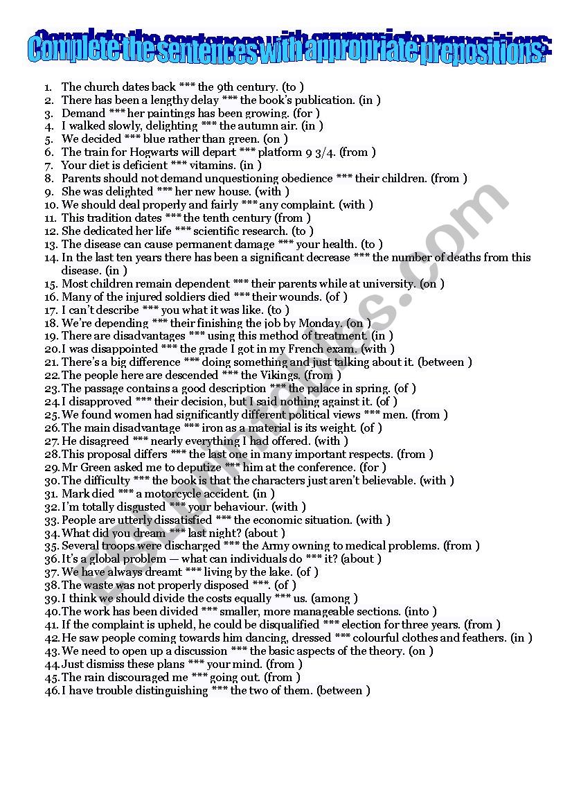 Prepositions on D worksheet