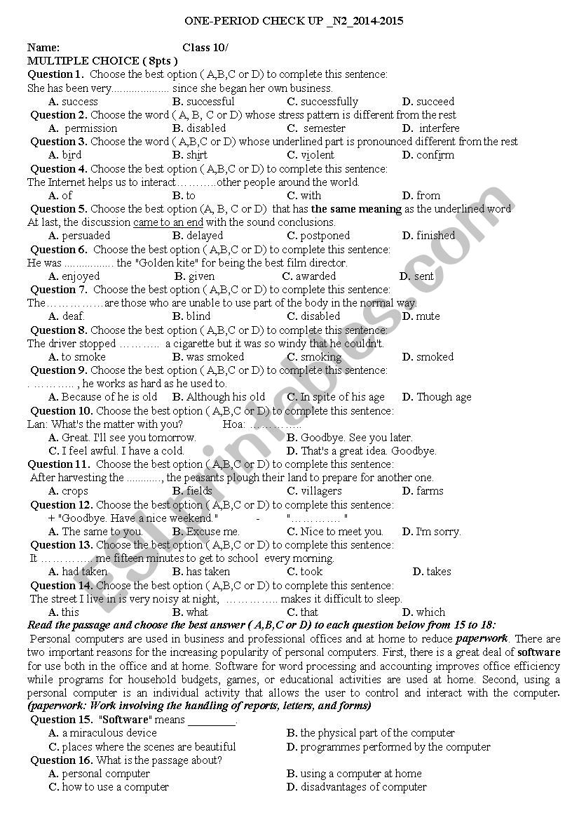 Grade 10_Check-up_High School worksheet