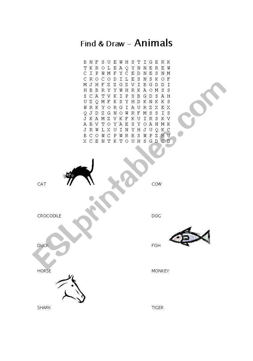 Animals - Find A Word worksheet